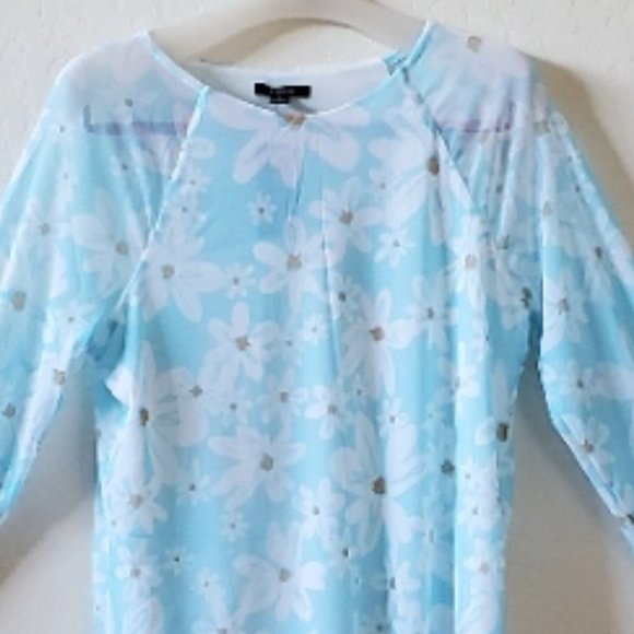Alfani Sheer Powder Blue with White Floral Raglan Long Sleeves Top Small NWT - Picture 5 of 7